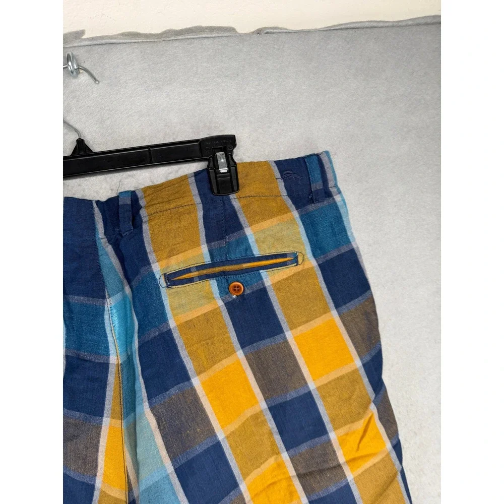 Tommy Bahama Mens Plaid Linen Blend Shorts Blue Yellow Size 40 Flat Front